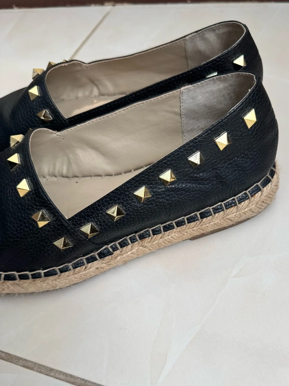 Steve Madden Black Espadrilles with Gold Stud Accents